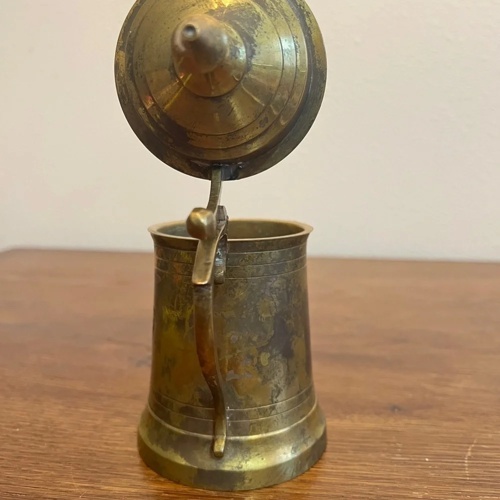 Vintage Brass Lidded Tankard Mug – Made in India – 8” Bar Décor / Collectible
